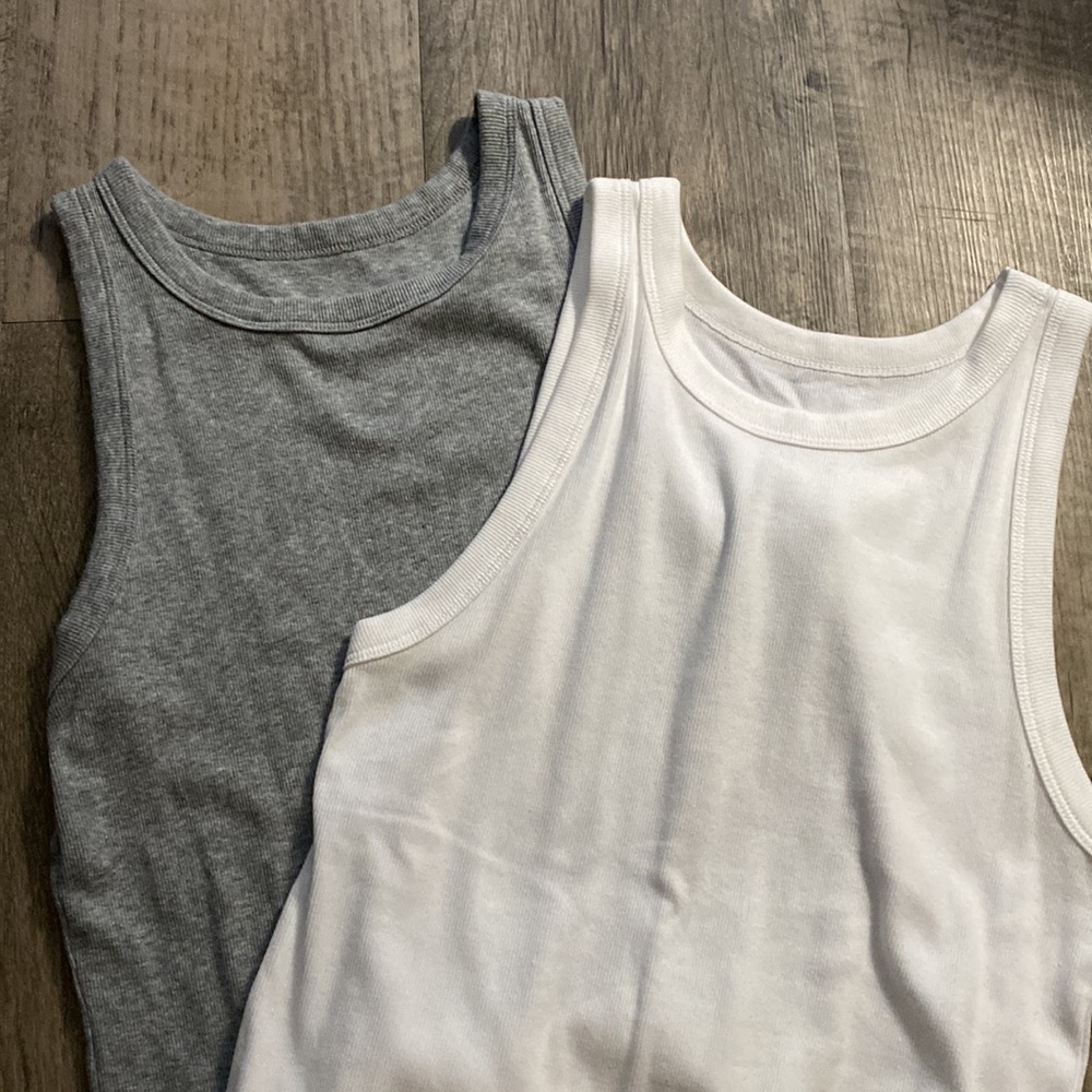 2 high neck ribbed tank tops grey and white